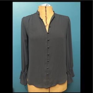 LOFT Band Collar Tie Bell Cuff Lg Sleeve Shirred Yoke Button DwnBlouse XS Petite